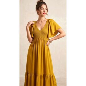 ✨ In Loom Mustard Yellow Smocked Flutter Sleeve Midi Dress L ✨